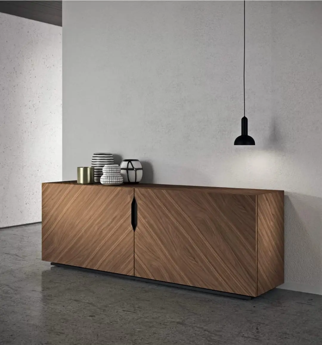 Madia moderna in legno con finitura a spina di pesce, mobile di design per soggiorno